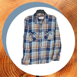 Faded Glory Blues, Browns, White Orange Plaid Button Shirt w Adj Sleeves Wm XL